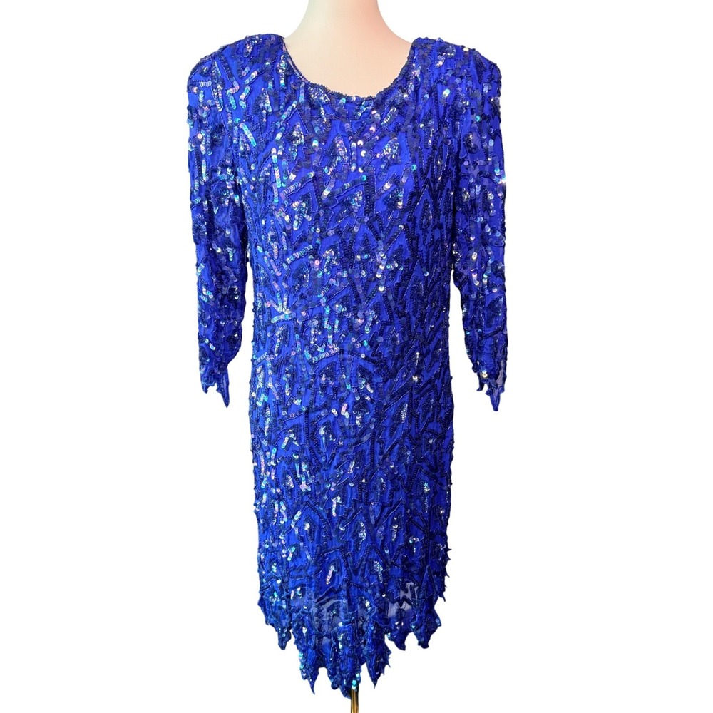 Vintage 80s 90s Blue Silk Beaded Sequin Cocktail Dress Size M Made India